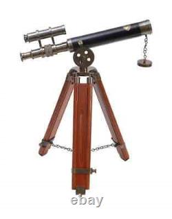 Antique Brown Brass and Leather Double Barrel Telescope on Wooden Tripod, Brass