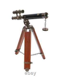 Antique Brown Brass and Leather Double Barrel Telescope on Wooden Tripod, Brass