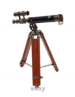 Antique Brown Brass and Leather Double Barrel Telescope on Wooden Tripod, Brass