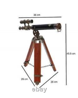 Antique Brown Brass and Leather Double Barrel Telescope on Wooden Tripod, Brass