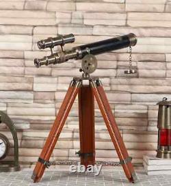 Antique Brown Brass and Leather Double Barrel Telescope on Wooden Tripod, Brass