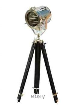 Antique Chrome & Black Finish Spotlight Tripod Teak Wooden Vintage Floor Lamp