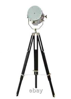 Antique Chrome & Black Finish Spotlight Tripod Teak Wooden Vintage Floor Lamp