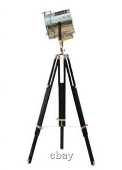 Antique Chrome & Black Finish Spotlight Tripod Teak Wooden Vintage Floor Lamp