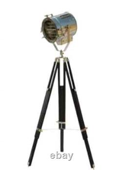 Antique Chrome & Black Finish Spotlight Tripod Teak Wooden Vintage Floor Lamp