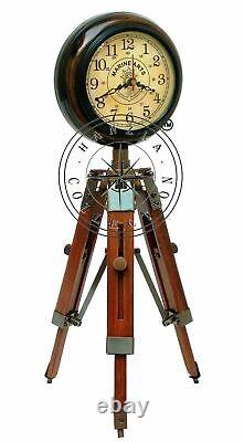 Antique Clock Wooden Tripod Desk Table Stand Nautical Brass Maritime Décor Gift