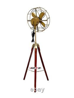 Antique Electric Motor Pedestal Fan With Wooden Tripod Stand Vintage Home Decor
