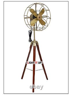 Antique Electric Motor Pedestal Fan With Wooden Tripod Stand Vintage Home Decor