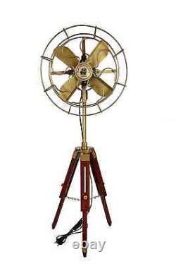 Antique Electric Pedestal Floor Fan Vintage Style With Wooden Tripod Stand Decor