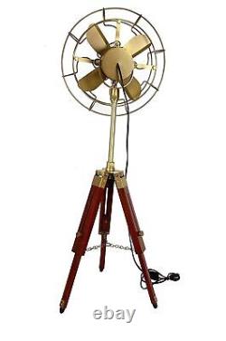 Antique Electric Pedestal Floor Fan Vintage Style With Wooden Tripod Stand Decor