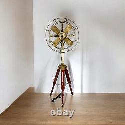 Antique Electric Pedestal Floor Fan Vintage Style With Wooden Tripod Stand Decor