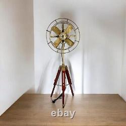 Antique Electric Pedestal Floor Fan Vintage Style With Wooden Tripod Stand Decor