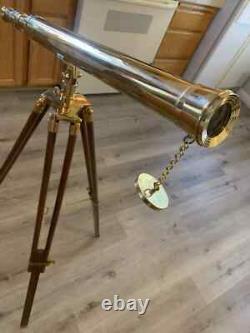 Antique Finish Nautical Spyglass Telescope With Wooden Brown Tripod Stand Brass