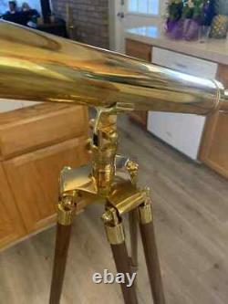 Antique Finish Nautical Spyglass Telescope With Wooden Brown Tripod Stand Brass