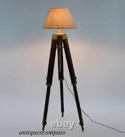 Antique Floor SHADE LAMP Vintage Brown Wooden Tripod Stand Designer Home Decor