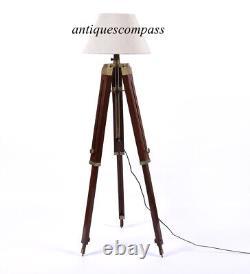 Antique Floor SHADE LAMP Vintage Brown Wooden Tripod Stand Designer Home Decor