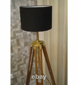 Antique Handmade Floor Shade Lamp Vintage Brown Wooden Tripod Stand Home Decore