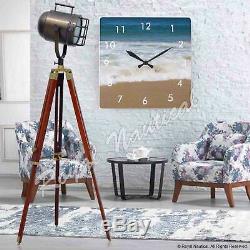 Antique LED Wooden Tripod Floor Lamp Nautical Spotlight Vintage Style Light