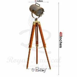 Antique LED Wooden Tripod Floor Lamp Nautical Spotlight Vintage Style Light