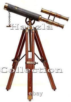 Antique Leather Brass Telescope Vintage Double Barrel Scope With Wooden Tripod