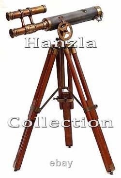 Antique Leather Brass Telescope Vintage Double Barrel Scope With Wooden Tripod