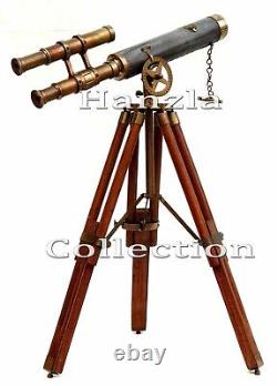 Antique Leather Brass Telescope Vintage Double Barrel Scope With Wooden Tripod