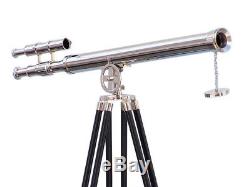 Antique-MARINE-NAVY-Nautical-Vintage-Telescope-Barrel-Black-Wooden-Tripod-Stand
