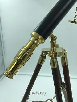 Antique Marine Nautical Navy Brass Telescope 20 Tall With Wooden Tripod Stand