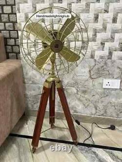 Antique Modern Wooden Nautical Brown Tripod Stand Handmade Brass Floor Fan Déco