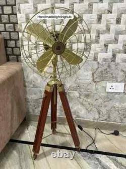 Antique Modern Wooden Nautical Brown Tripod Stand Handmade Brass Floor Fan Déco