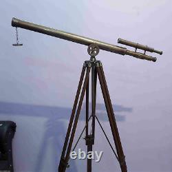 Antique Nautical 39 Inch Brass TELESCOPE Double Barrel With Wooden Tripod Stand