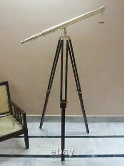 Antique Nautical Brass Telescope With Wooden Tripod Stand