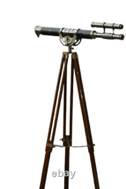 Antique Nautical Floor Standing Brass 18 Inch Telescope With Wooden Tripod Stand