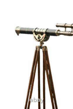 Antique Nautical Floor Standing Brass 18 Inch Telescope With Wooden Tripod Stand