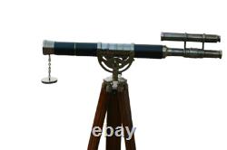 Antique Nautical Floor Standing Brass 18 Inch Telescope With Wooden Tripod Stand