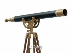 Antique Nautical Floor Standing Brass 39 Inch Telescope With Wooden Tripod Decor
