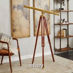 Antique Nautical Floor Standing Brass 39 Inch Telescope With Wooden Tripod Stand