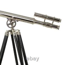 Antique Nautical Floor Standing Brass 39 Inch Telescope With Wooden Tripod Stand