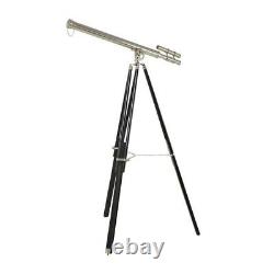 Antique Nautical Floor Standing Brass 39 Inch Telescope With Wooden Tripod Stand