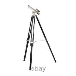 Antique Nautical Floor Standing Brass 39 Inch Telescope With Wooden Tripod Stand
