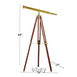 Antique Nautical Floor Standing Brass 39 Inch Telescope With Wooden Tripod Stand
