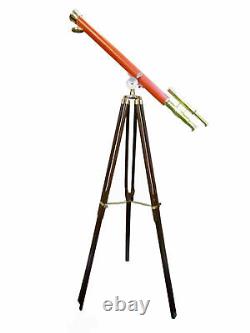 Antique Nautical Floor Standing Brass 39 Leather Telescope With Wooden Tripod