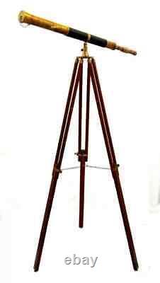 Antique Nautical Floor Standing Brass 39 Telescope With Wooden Tripod Stand