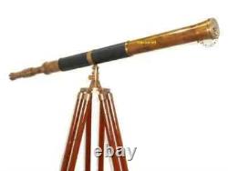 Antique Nautical Floor Standing Brass 39 Telescope With Wooden Tripod Stand