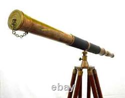 Antique Nautical Floor Standing Brass 39 Telescope With Wooden Tripod Stand