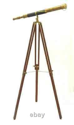 Antique Nautical Floor Standing Brass 39 Telescope With Wooden Tripod Stand