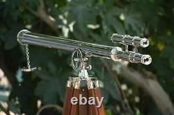 Antique Nautical Floor Standing Brass Chrome Telescope With Wooden Tripod Stand