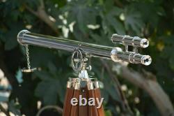 Antique Nautical Floor Standing Brass Chrome Telescope With Wooden Tripod Stand