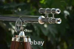 Antique Nautical Floor Standing Brass Chrome Telescope With Wooden Tripod Stand