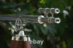 Antique Nautical Floor Standing Brass Chrome Telescope With Wooden Tripod Stand